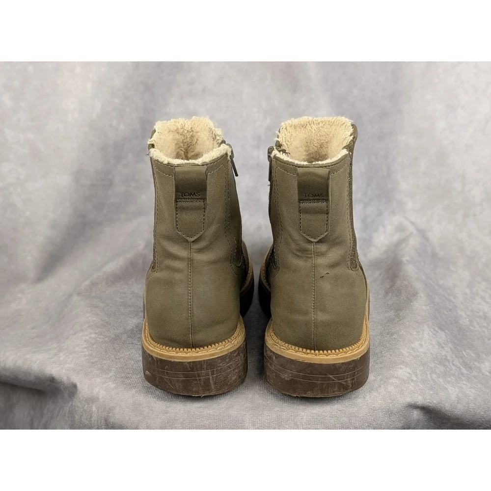 Toms Kids Olive Green‎ Faux Fur Lined Chelsea Boots Side Zip Size 3